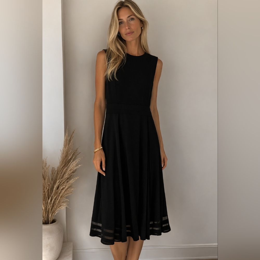 Calvin Klein Black Fit & Flare Midi Dress Size 8 Minimalist Sleeveless Classic